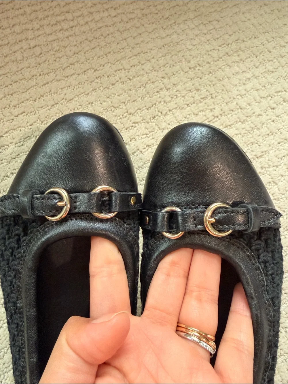 AGL Black Crochet & Leather Ballet Flats with Gold-Tone Buckle Sz. 38.5
